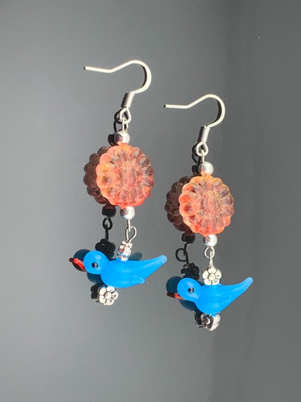 BLUEBIRD Orange Flower Lampwork Glass Bead Handmade Earrings LR213